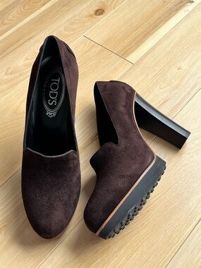 TOD'S Dark Brown Suede Block Heel Loafers